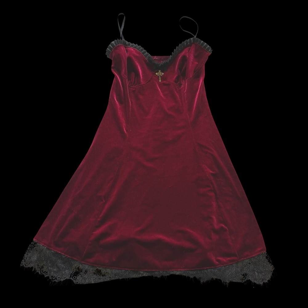 Y2K Burgundy Velvet Cross Lace Mini Dress Gothic Dark Romantic XL Whimsigoth - Picture 4 of 9